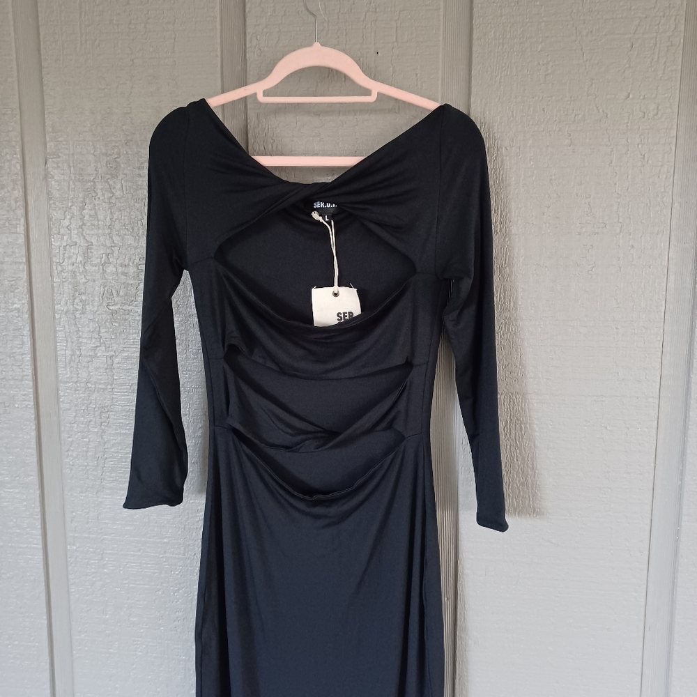 SER.O.YA Women Lotus Midi Dress Size L Black Cutout Twist Jersey Long Sleeve - Picture 11 of 16